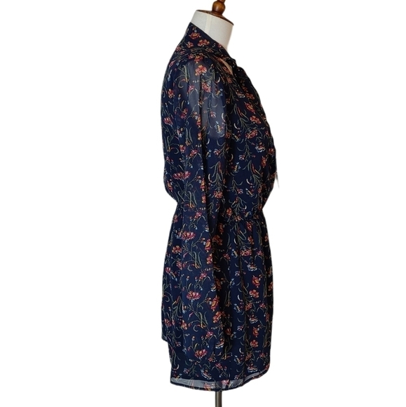 BCBGeneration Navy Blue Floral Long Sleeve Romper Bow Tie Neck XS Preowned - Picture 5 of 9